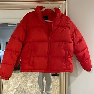 Red puffer jacket